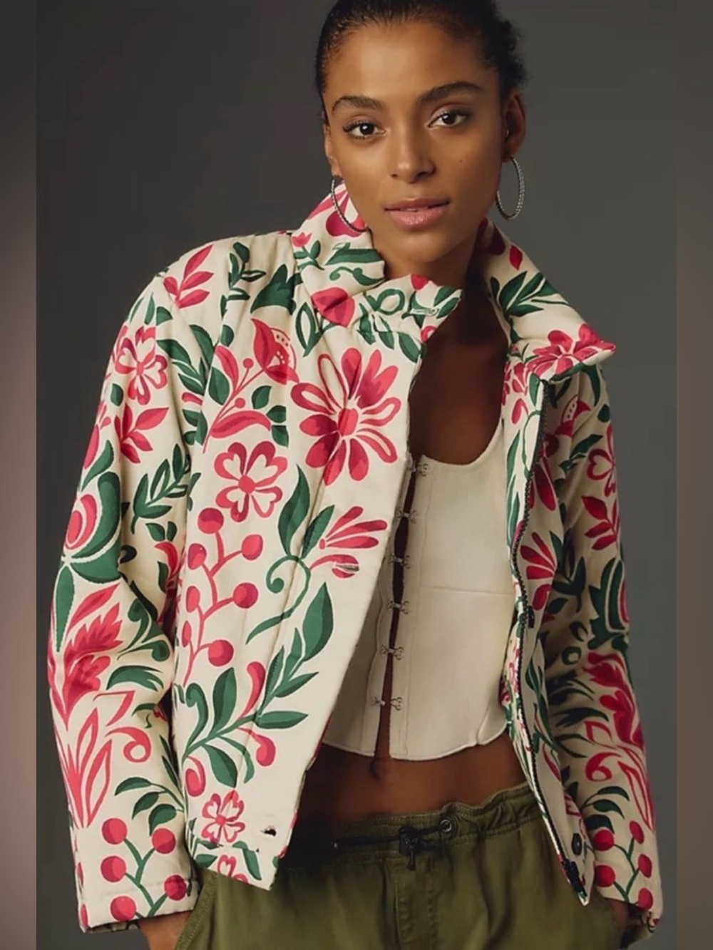 Anthropologie Floral Embroidered Cream Jacket with Pink & Green Print